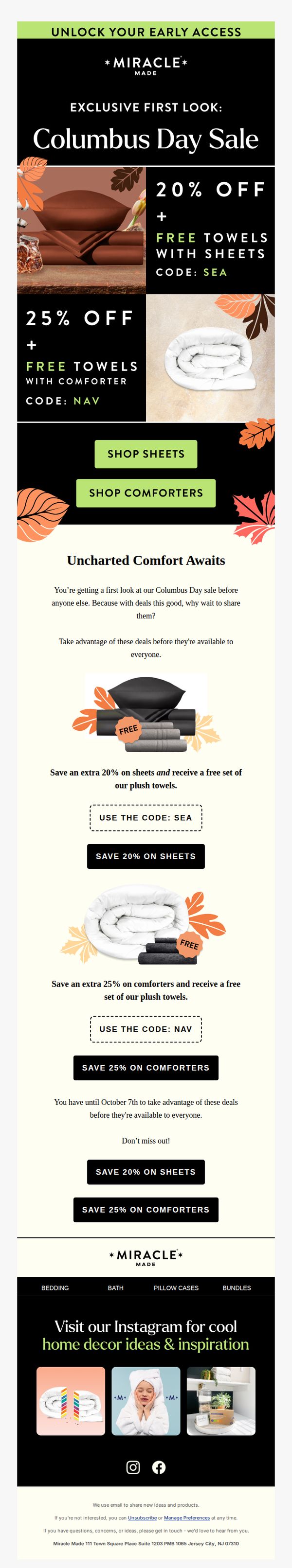 7. Miracle Brand: Early Bird Alert 🐦: Columbus Day Savings