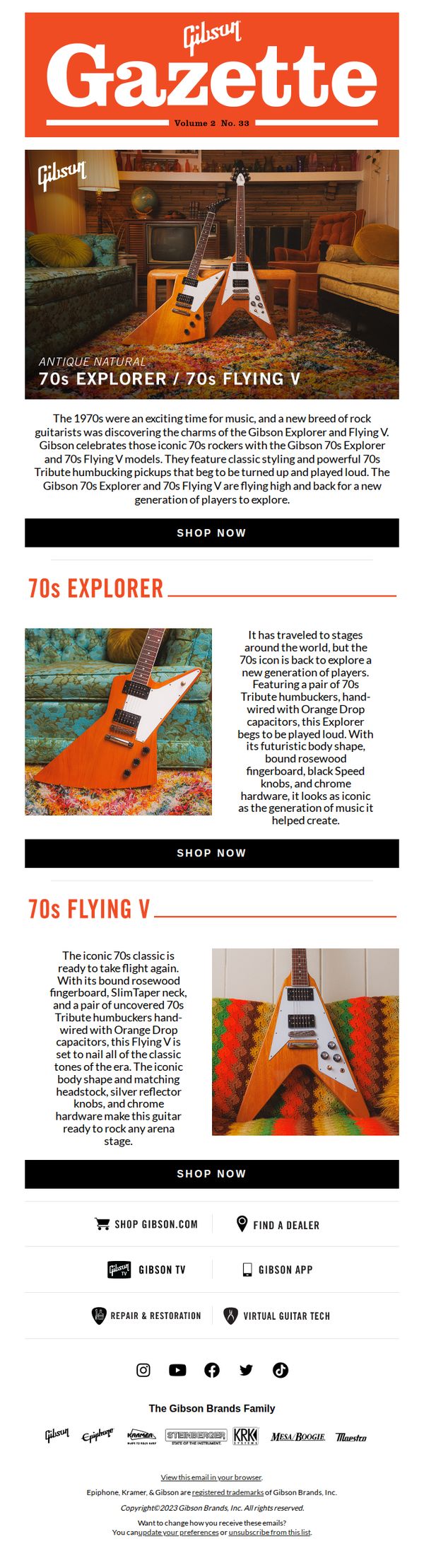 6. Gibson: Introducing the 70s Explorer and Flying V