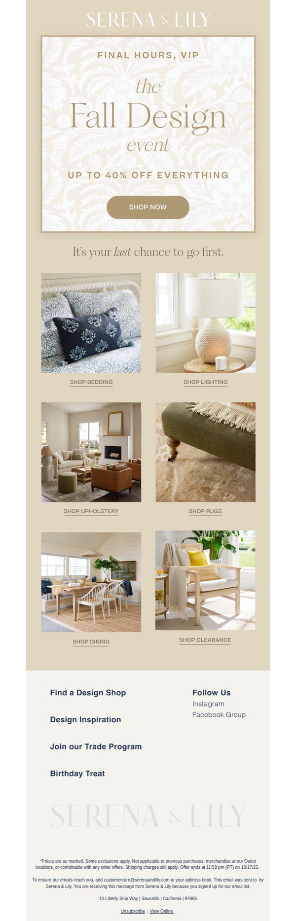 6. Serena & Lily: Last call for early access to The Fall Design Event.