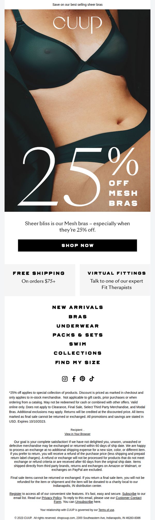 8. 25% Off Mesh Bras