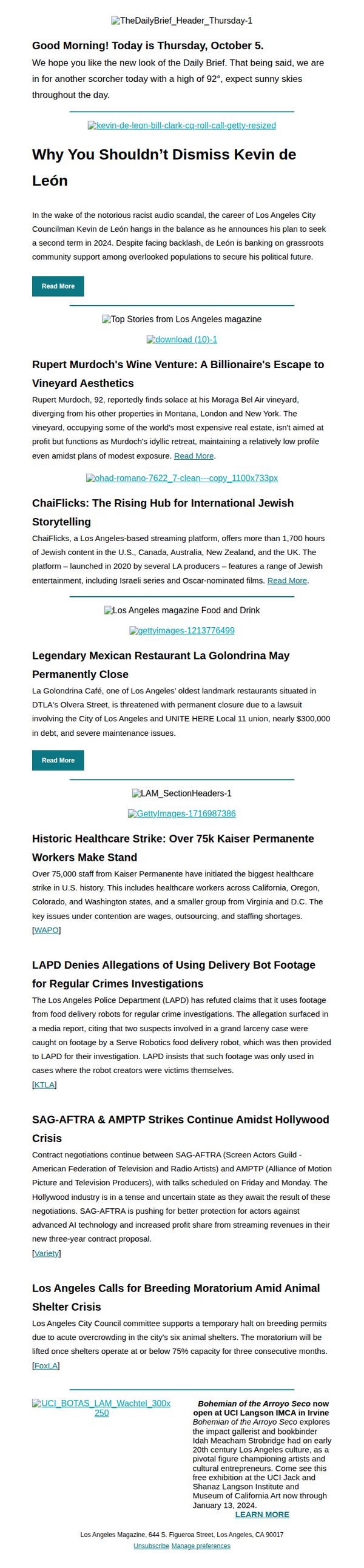 6. The Daily Brief: Kevin de León Not Out Yet, La Golondrina May Permanently Close, Kaiser Permanente Strike, and more.